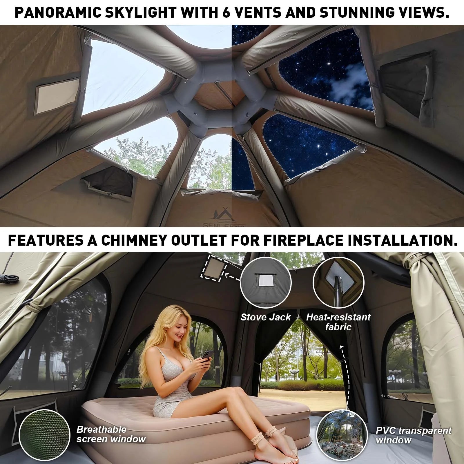 Inflatable Camping Tents 8-10 Person,129 Square Feets Large Inflatable Camping Tent with Stove Jack,Blow up Tent with Mesh Windows & Pump
