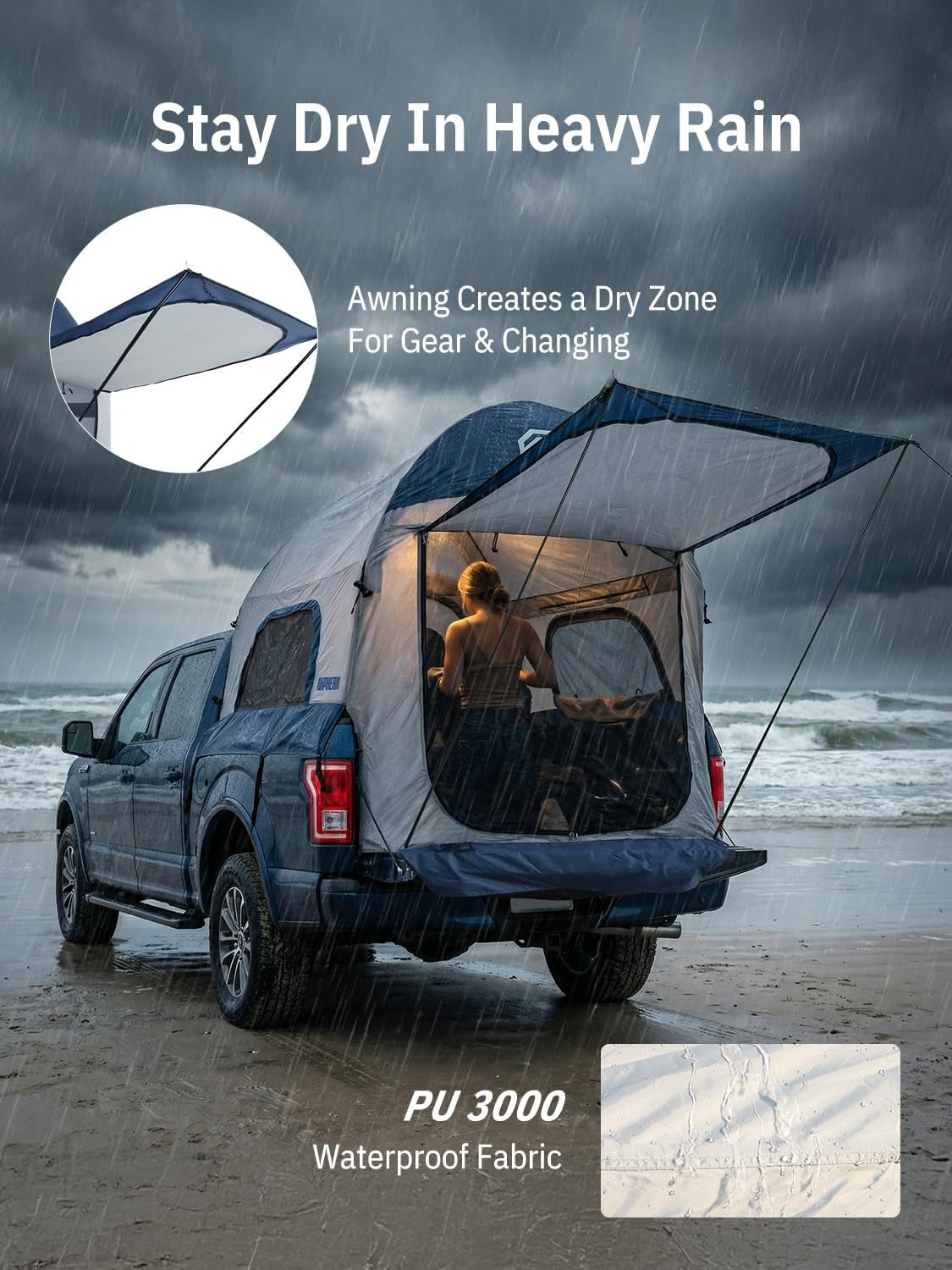 Truck Bed Tent for Camping 5Ft-8Ft for 2+1 People, 2 Mins Setup | Inflatable Pickup Truck Tent, PU 3000Mm Waterproof & High-Strength Windproof, Spacious Interior for Multi-Landscape