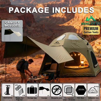 Inflatable Camping Tents 8-10 Person,129 Square Feets Large Inflatable Camping Tent with Stove Jack,Blow up Tent with Mesh Windows & Pump