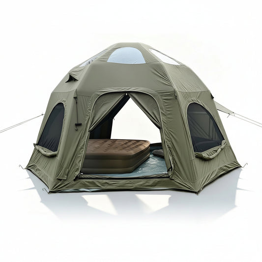 Inflatable Camping Tents 8-10 Person,129 Square Feets Large Inflatable Camping Tent with Stove Jack,Blow up Tent with Mesh Windows & Pump