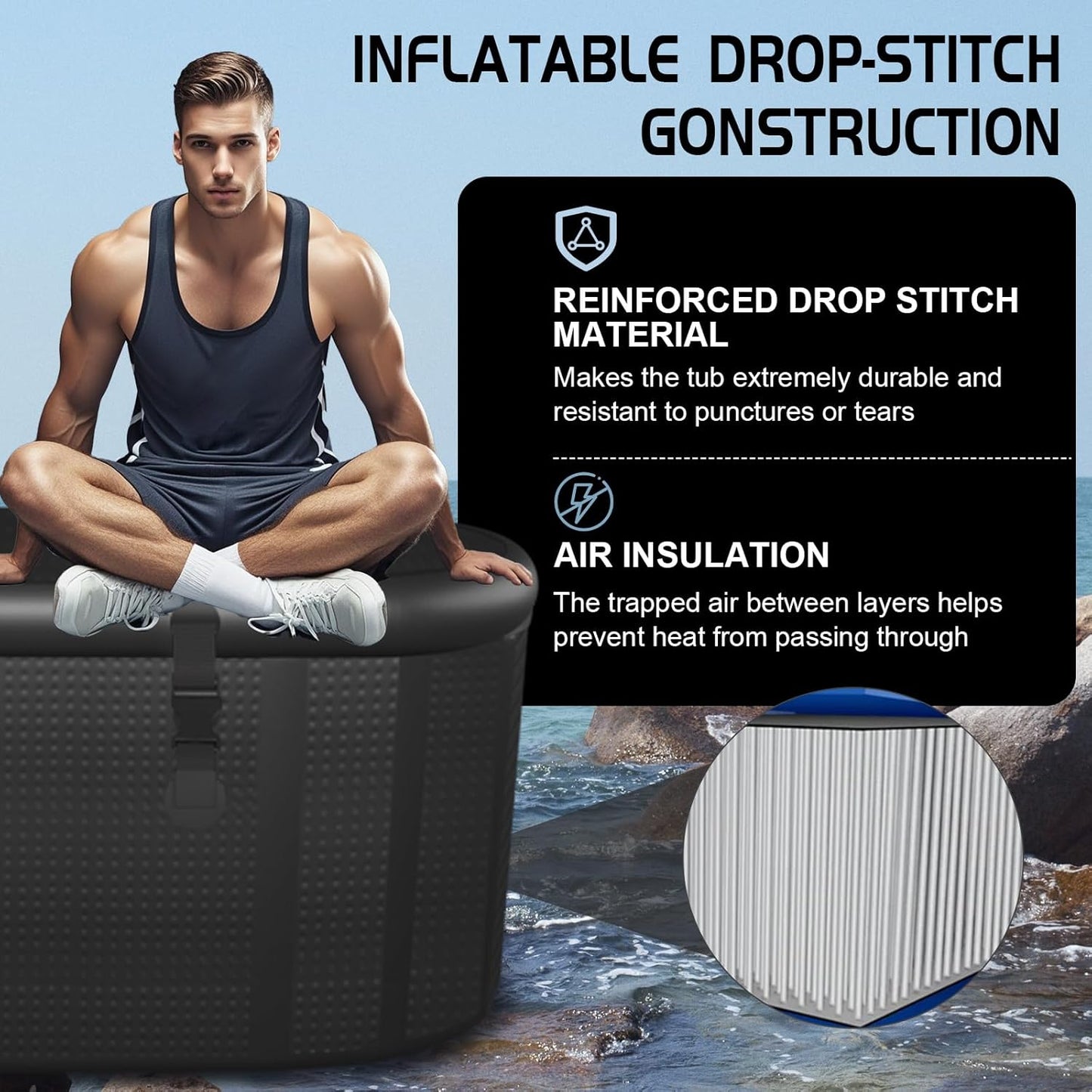 XXL Drop Stitch Ice Bath Tub 216 Gallon Cold Plunge Portable Insulated Recovery