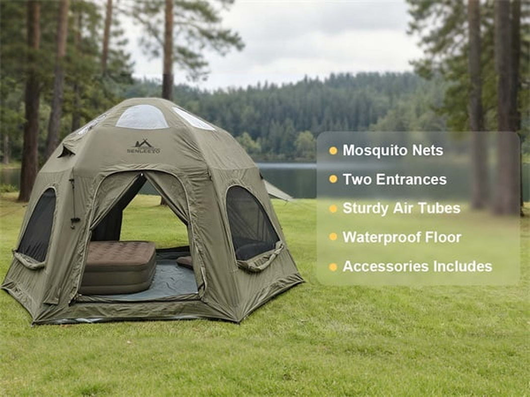 Inflatable Camping Tents 8-10 Person,129 Square Feets Large Inflatable Camping Tent with Stove Jack,Blow up Tent with Mesh Windows & Pump