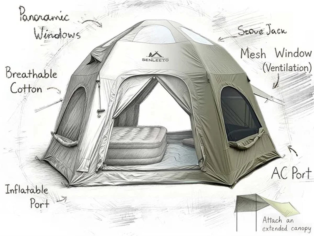 Inflatable Camping Tents 8-10 Person,129 Square Feets Large Inflatable Camping Tent with Stove Jack,Blow up Tent with Mesh Windows & Pump