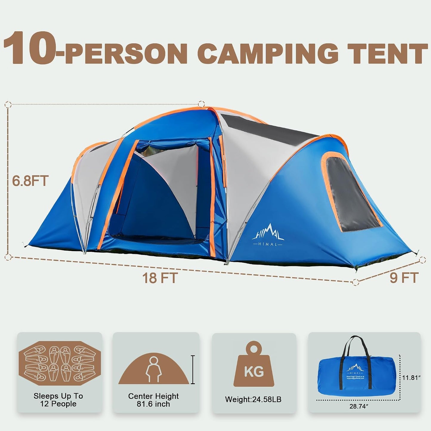 Tents for Camping, Waterproof 10 Person Family Tent with Double Layer & 4 Large Mesh Windows, Weather Resistant Easy Setup 2 Room Big Tent for Music Festival, Parties, 18 X 9 X 6.8Ft