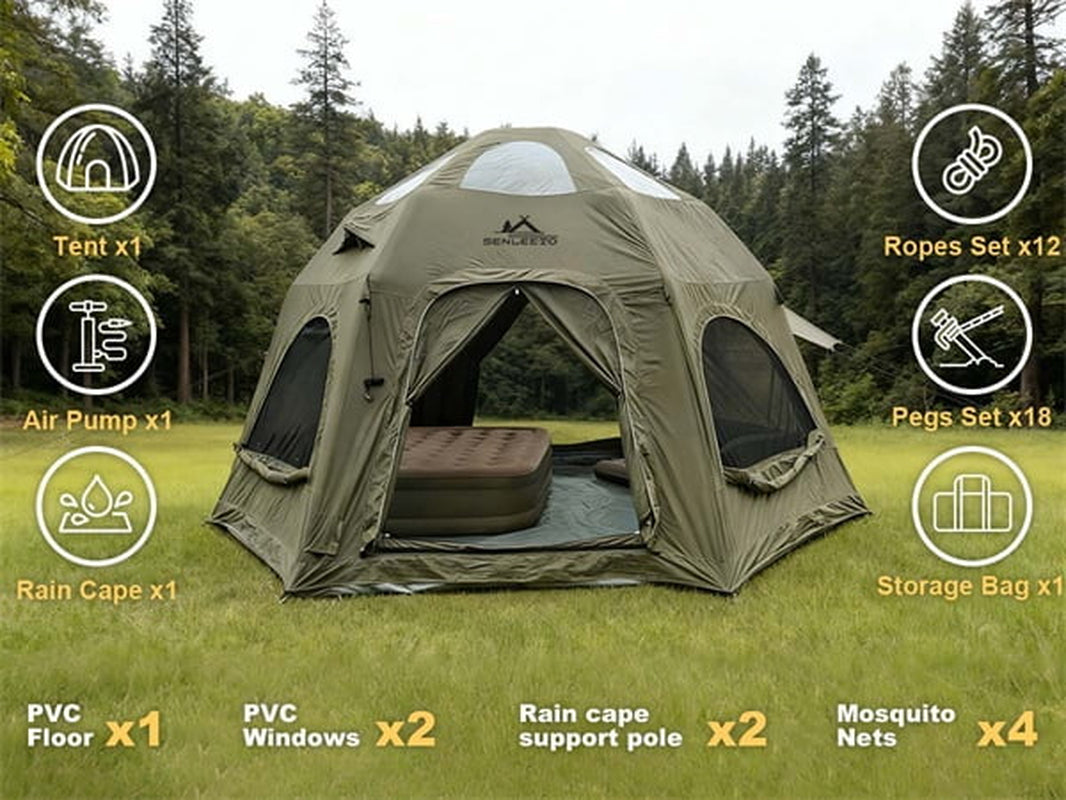 Inflatable Camping Tents 8-10 Person,129 Square Feets Large Inflatable Camping Tent with Stove Jack,Blow up Tent with Mesh Windows & Pump