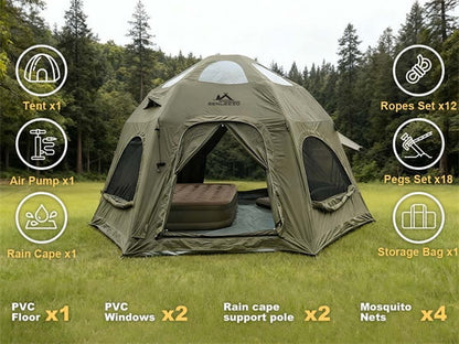 Inflatable Camping Tents 8-10 Person,129 Square Feets Large Inflatable Camping Tent with Stove Jack,Blow up Tent with Mesh Windows & Pump