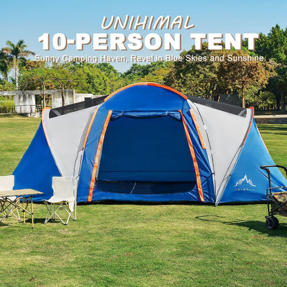 Tents for Camping, Waterproof 10 Person Family Tent with Double Layer & 4 Large Mesh Windows, Weather Resistant Easy Setup 2 Room Big Tent for Music Festival, Parties, 18 X 9 X 6.8Ft